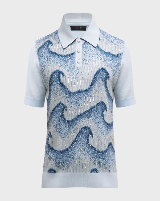 Amiri Blue Wavy Embellished Polo Shirt for men