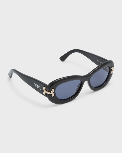 Emilio Pucci Blue Filigree Acetate Round Sunglasses