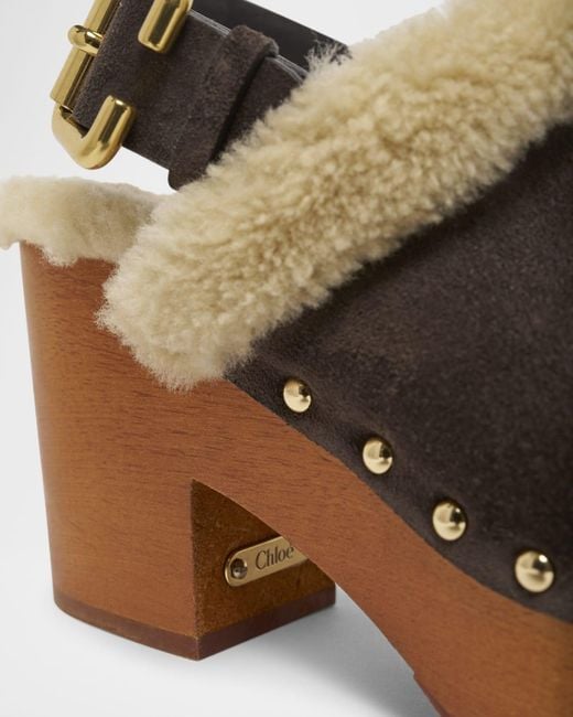 Chloé Brown Jeanette Suede Shearling-Lined Clogs