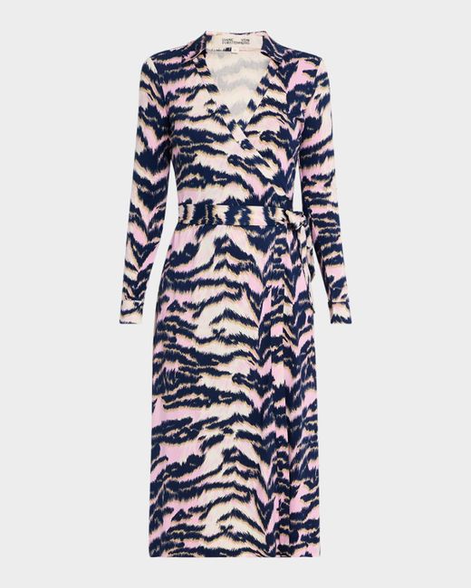 Diane von Furstenberg Blue Abigail Tiger-Print Midi Wrap Dress