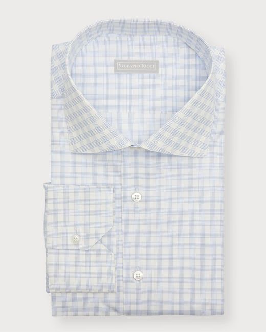 Stefano Ricci Blue Cotton Check Dress Shirt for men