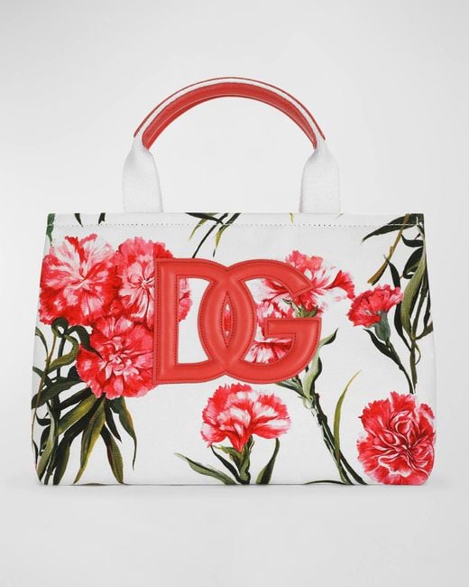 Dolce & Gabbana Red Kid's Carnation-print Logo Canvas Tote Bag