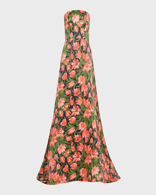 Carolina Herrera Red Floral Print Strapless Gown
