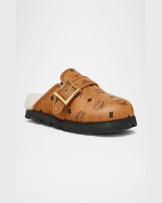 MCM Brown Visetos Leather And Shearling Mules for men