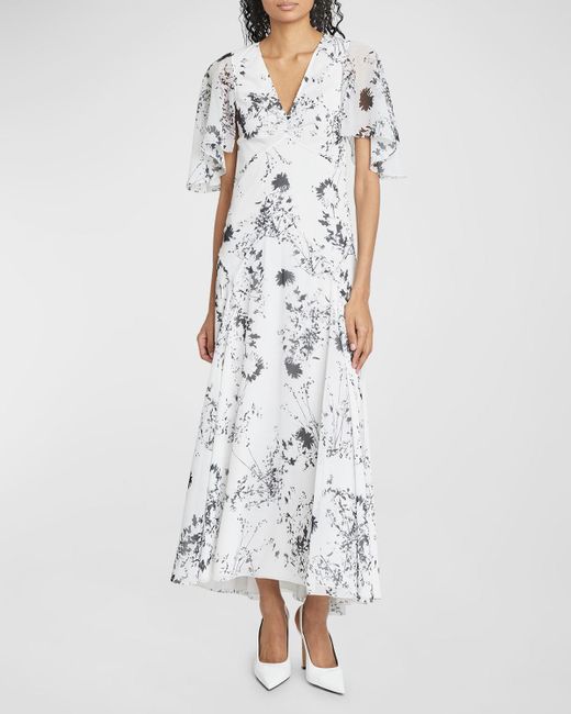 Victoria Beckham White Floral-print Flutter-sleeve Godet Maxi Dress