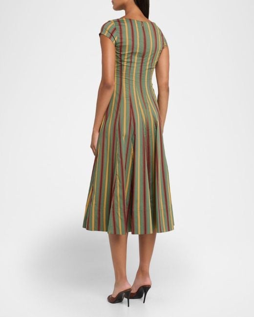 STAUD Wells Striped Stretch-Cotton Square-Neck Midi Dress in Green | Lyst