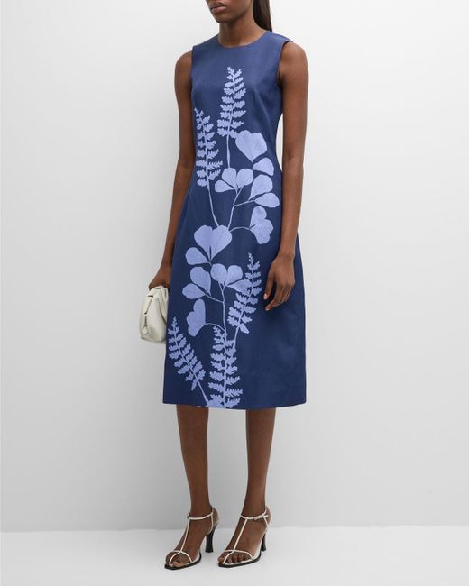 Lafayette 148 New York Blue Sleeveless Floral-print A-line Midi Dress