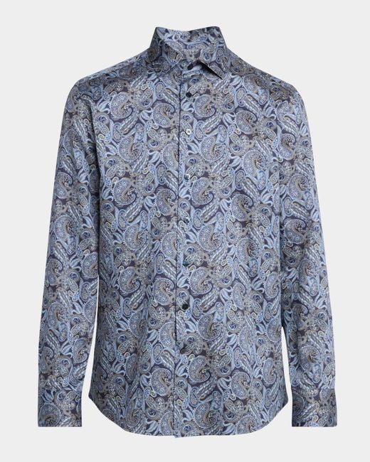 Etro Blue Cotton Paisley Sport Shirt for men