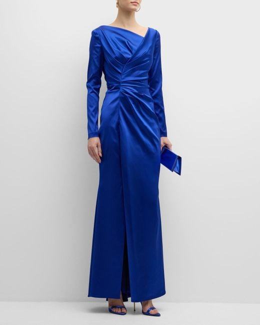 Talbot Runhof Blue Asymmetric Draped Long-sleeve Stretch Satin Duchesse Gown