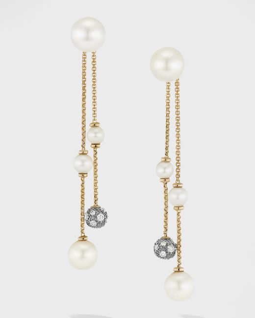 David Yurman White Pearl And Pave Two Row Drop Earrings With Diamonds In 18k Gold, 8mm, 2.1"l