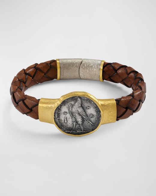 Jorge Adeler Brown Seleucis Eagle Coin Braided Leather Bracelet for men