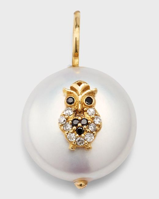 Kastel Jewelry White 14k Diamond Owl Freshwater Flat Pearl Pendant