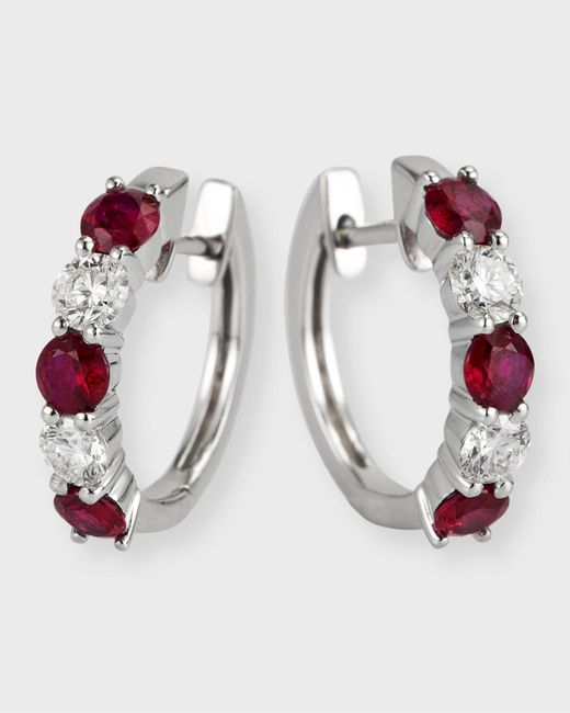 David Kord Multicolor 18k White Gold Earrings With 3.3mm Alternating Diamonds And Rubies