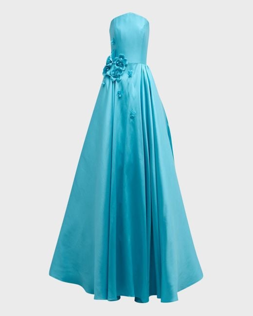 Pamella Roland Blue Floral-Applique Mikado Slit-Hem Strapless Ball Gown
