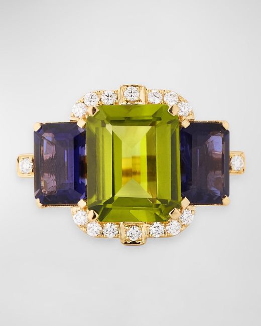 Goshwara Multicolor 18K 3-Stone Peridot And Iolite Emerald Cut Statement Ring With Diamonds