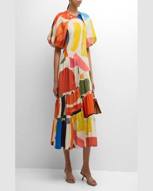 LOVEBIRDS Orange Mosaic Tiered Puff-Sleeve A-Line Midi Dress