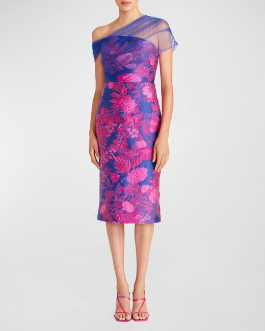 THEIA Purple Ruth Floral Jacquard One-shoulder Midi Dress