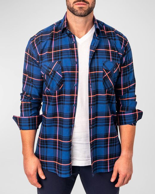 Maceoo Blue Embroidered Flannel Sport Shirt for men