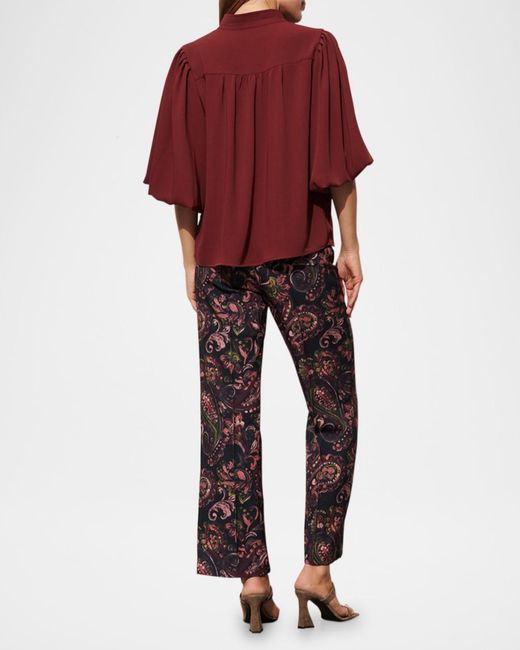 Figue Red Dani Lantern-Sleeve Split-Neck Top