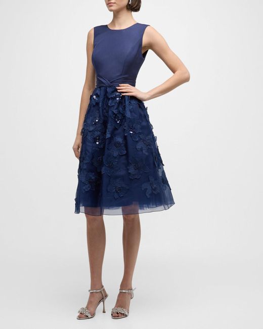 Carolina Herrera Blue Flower Embroidered Applique Sleeveless A-Line Dress