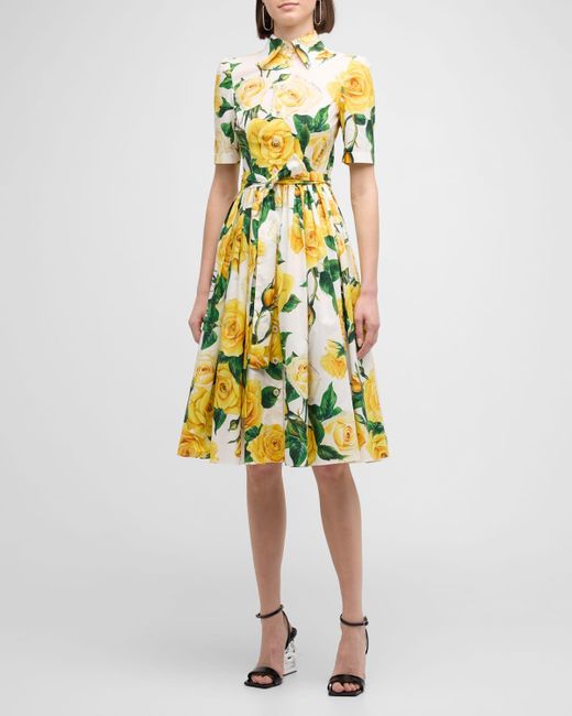 Dolce & Gabbana Yellow St Rose-Print Short-Sleeve Pleated Gialle Midi Shirtdress