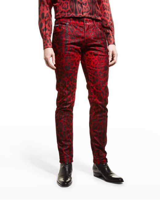 Dolce & Gabbana Red Slim Leopard-print Jeans for men