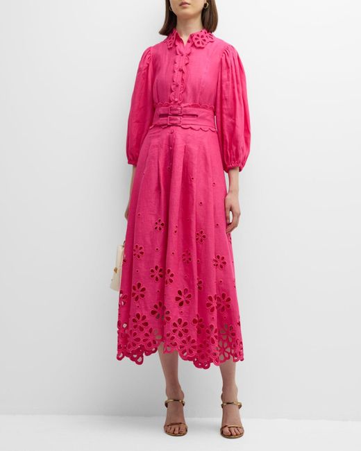 Maison Common Pink Belted Linen Midi Dress With Floral Cutout Detail