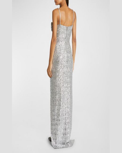 Balmain White Sequined Column Gown With Rose Detail