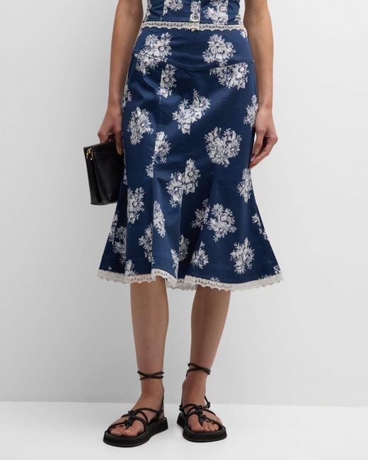 Jason Wu Blue Flared Floral-print Lace-trim Midi Skirt