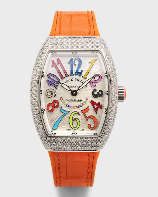 Franck Muller Gray 32mm Stainless Steel Vanguard Color Dreams Diamond Watch With Orange Alligator Strap