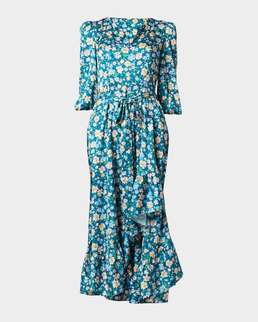 Shoshanna Blue Lia Ruffle Floral-Print Midi Dress