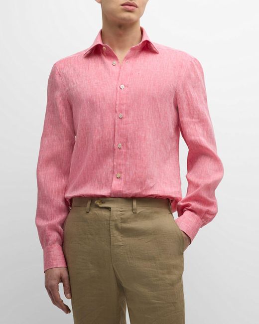 Kiton Pink Solid Linen Sport Shirt for men