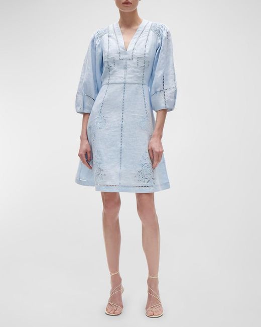 Figue Blue Verna Lattice Embroidered 3/4-Sleeve Linen Mini Dress