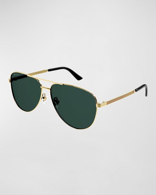 Gucci Green Striped Logo Metal Aviator Sunglasses for men