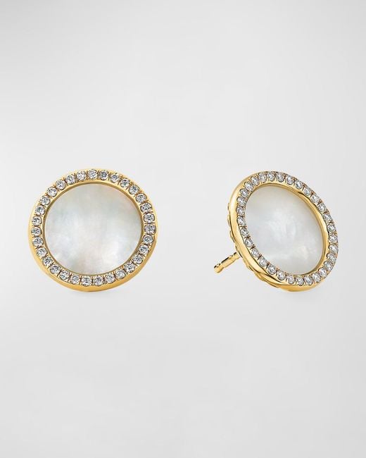 David Yurman Blue Dy Elements Button Earrings In 18k Yellow Gold With Mother-of-pearl & Pave Diamonds