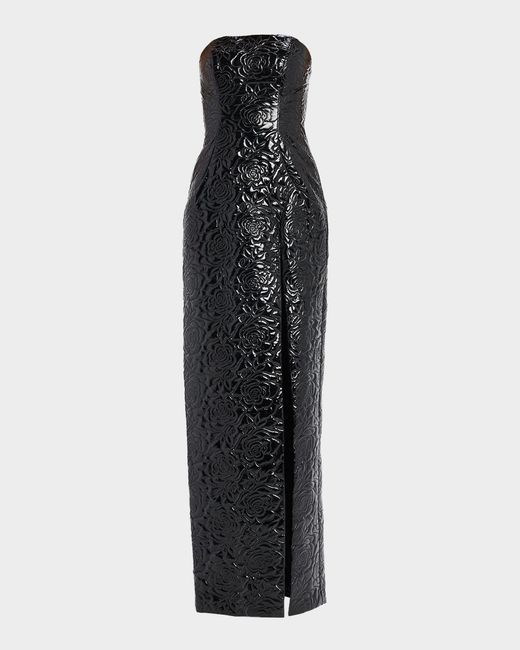 Jovani Black Glossy Floral Textured Strapless Gown