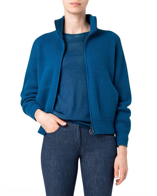 Akris Blue Short Stand-Collar Zip-Front Cashmere Cardigan