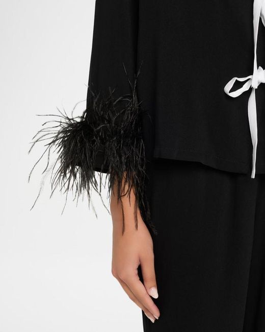 Sleeper Black Cropped Feather-Cuff Viscose Pajama Set