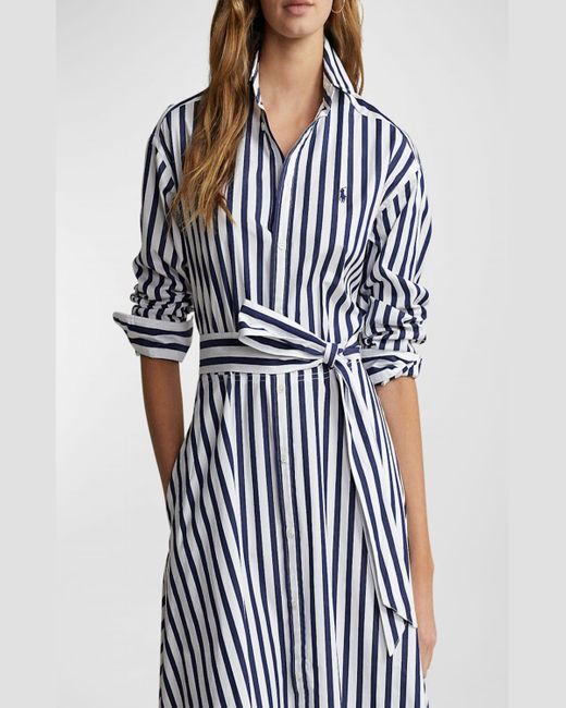 Polo Ralph Lauren Blue Belted Striped Cotton Shirtdress