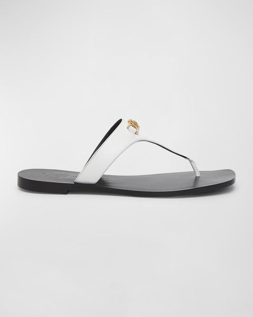 Versace White Medusa Leather Flat Thong Sandals