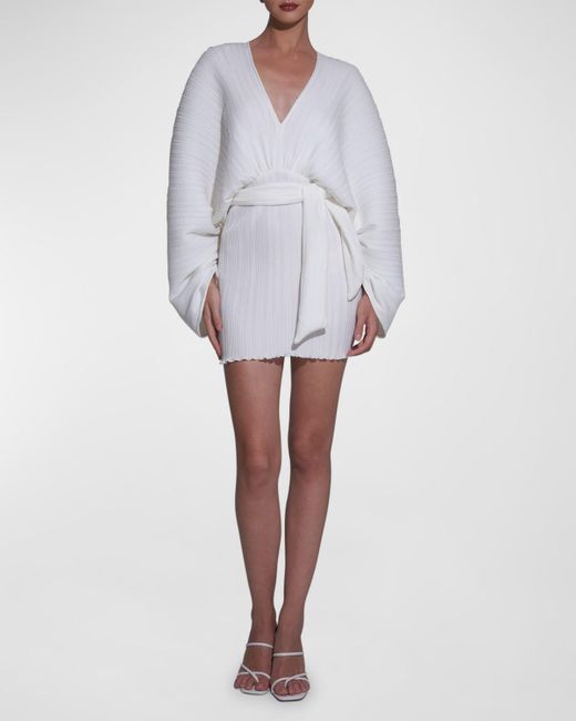 L'idée White Galerie Pleated Crepe V-Neck Mini Dress