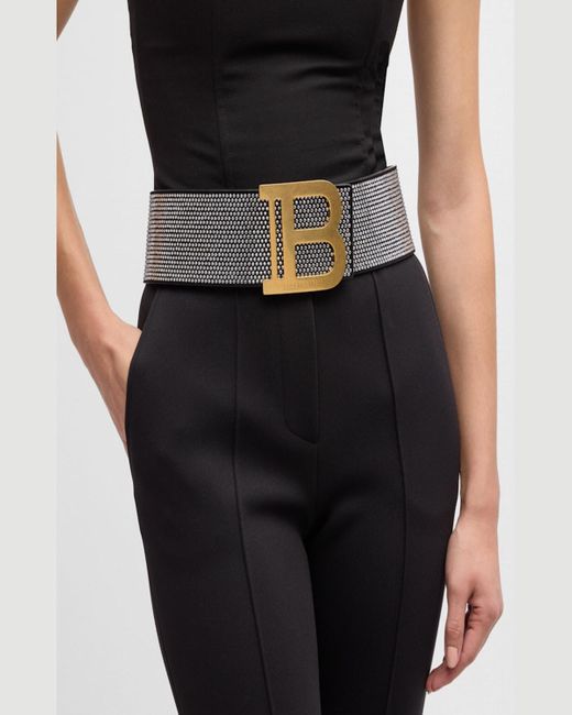 Balmain Gray B-Logo Wide Crystal Dot Leather Belt