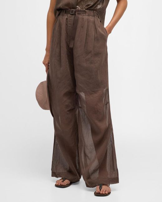 Brunello Cucinelli Brown Belted Double-pleated Cotton-gauze Pants With Lining
