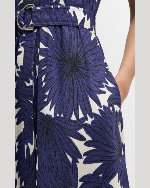 Mantu Blue Belted Floral-Print Midi Shirtdress