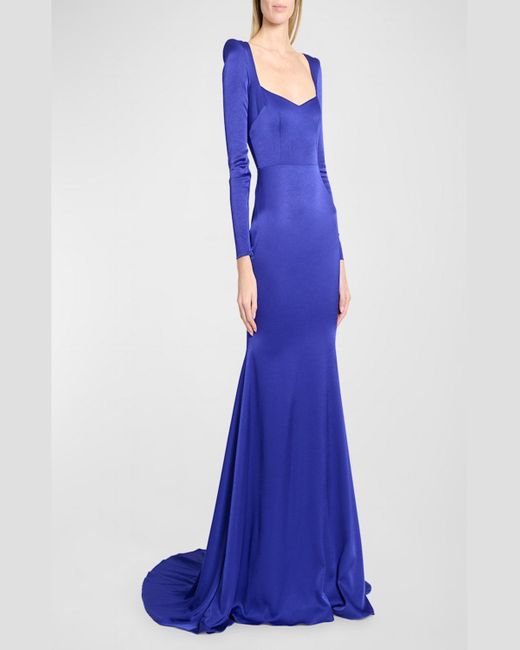 Alex Perry Blue Satin Crepe Angled Portrait Long-Sleeve Gown