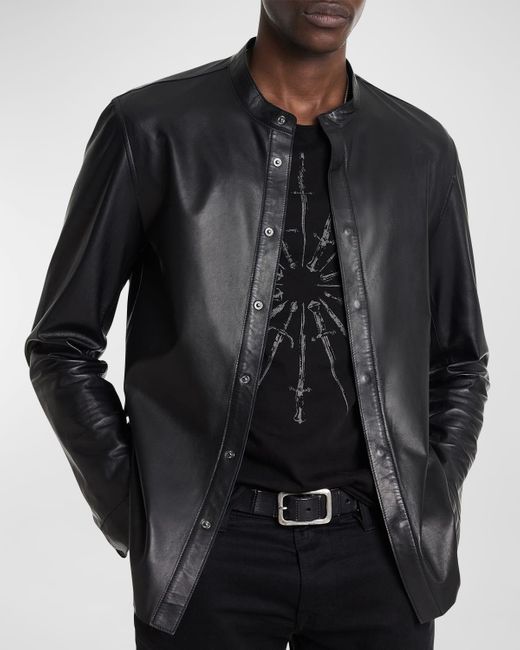 John Varvatos Black Bernard Band-Collar Leather Overshirt for men