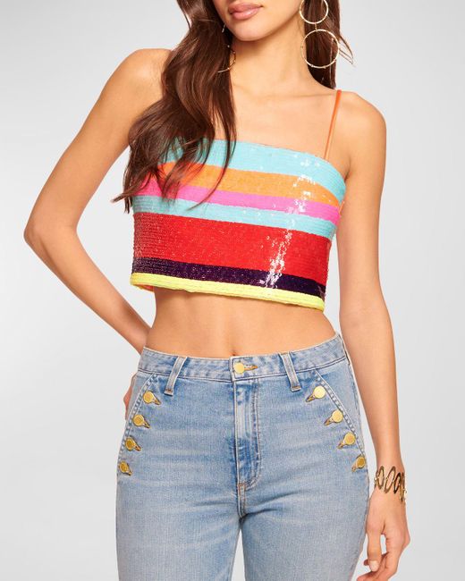Ramy Brook Blue Nelle Sequined Striped Crop Top