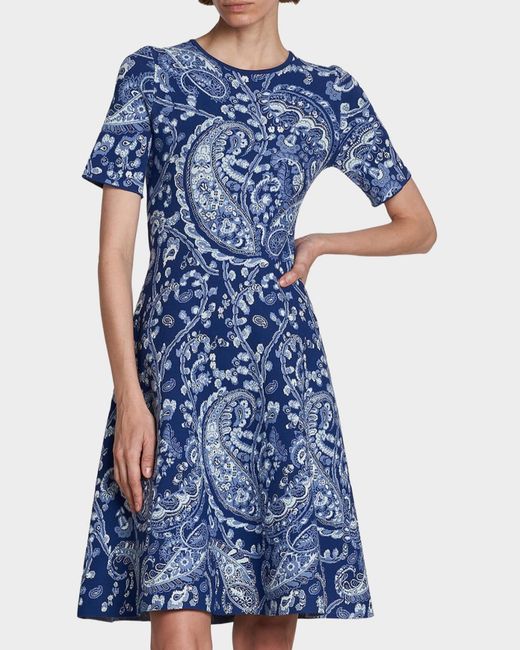 Etro Blue Paisley Knit Short-Sleeve Dress