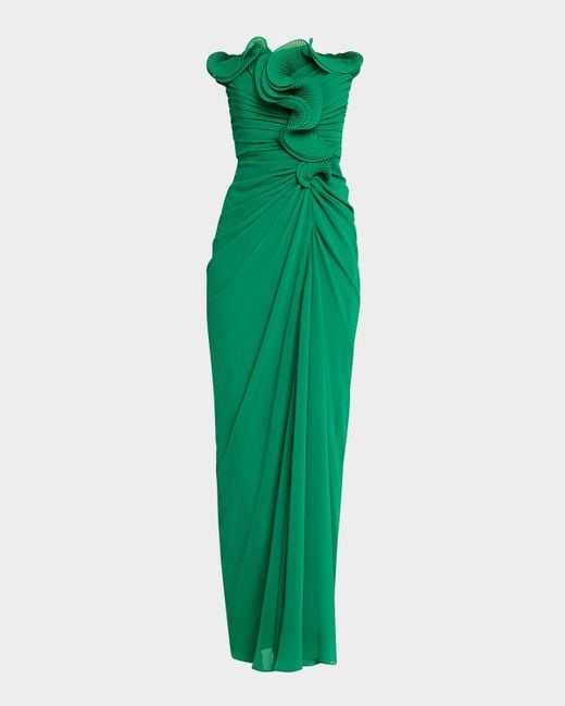 Badgley Mischka Strapless Pleated Ruffle Column Gown in Green | Lyst