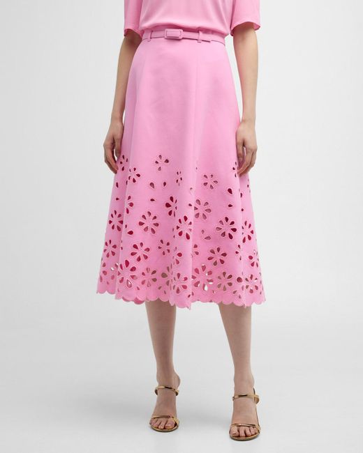 Maison Common Pink Floral-Cutout Belted A-Line Midi Skirt